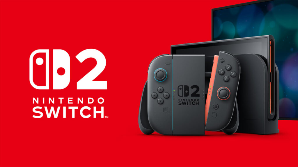 Nintendo Switch 2 με μαγνητικά Joy-Con και βάση σύνδεσης, σε κόκκινο φόντο.