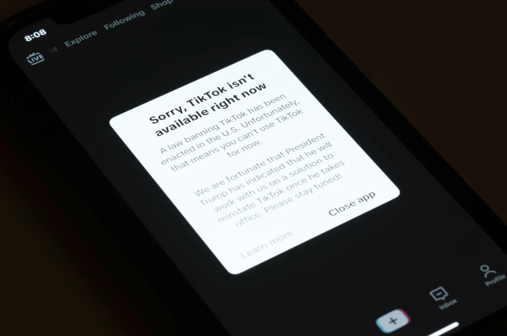 A message reading "Sorry, TikTok isn't available right now" is displayed from the tiktok app on iPhone on Sturday 18 January 2025 in U.S.